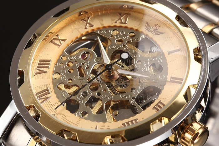 Relgio Steampunk Skeleton Mecnico Ao Inoxidvel Dourado